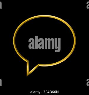 Speech bubble tridimensional metallic golden lines, black background. Conversation, text, chat, dialog symbol. Stock Vector