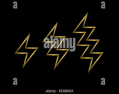 Thunderbolt power icon set, tridimensional metallic golden lines, black background. Eletricity, lightning, thunder symbol. Stock Vector