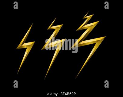 Lightning bolt icon set, simple premium golden lines, black background. Stock Vector