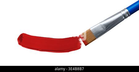 Paintbrush making a thick red acrylic paint stroke on white background Stock Photo