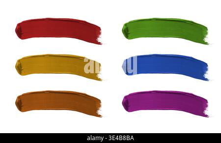 Collection of identical curved paint swatches in multiple colors on white background Stock Photo