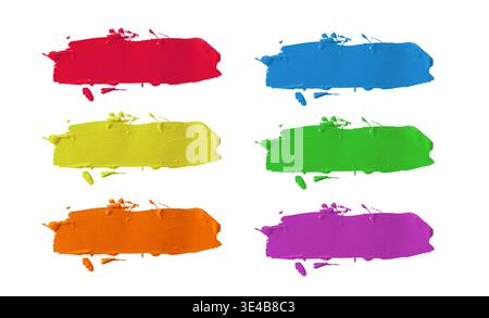 Collection of colorful paint strokes in red blue yellow green orange and purple isolated on white Stock Photo
