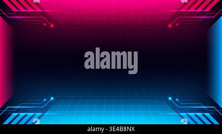 Futuristic neon digital grid background with pink and blue glowing circuit accents for gaming and technology wallpaper modern innovation Stock Vector