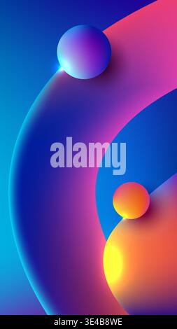 3D abstract wallpaper glowing spheres and fluid curves in a vibrant neon gradient of blue purple and orange, modern futuristic aesthetic Stock Vector