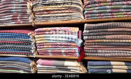 Colors and textures of woven fabrics in a shop display Stock Photo