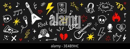Hand drawn doodle music icons with rock elements, lightning bolts and graffiti style tattoo stickers for creative band designs on chalkboard. Marker sketch music icons. Vector illustration Stock Vector