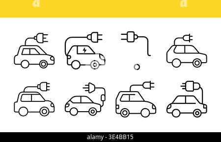 Electric Vehicle Charging Illustrations - Line Drawings of EVs with Charging Cables Stock Vector