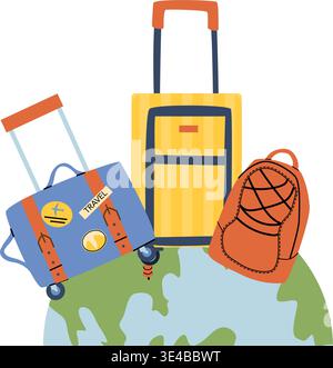 Vacation luggages composition with globe. Travel items globe with pins and suitcases in retro cartoon flat style. Stock Vector