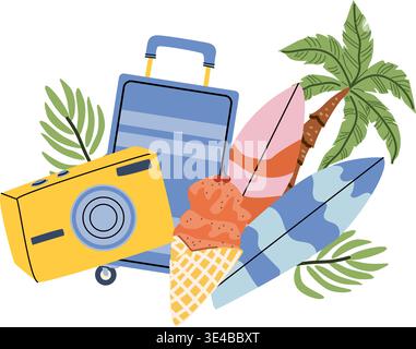 Cartoon summer time and travel concept illustration with coastal elements and items. Surfboards and travel bag, camera, ice cream. Vector illustration Stock Vector