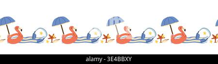 Summer vacation seamless border with beach elements. Towel with flamingo ring and headphones, seashells. Coastal seamless border pattern. Stock Vector