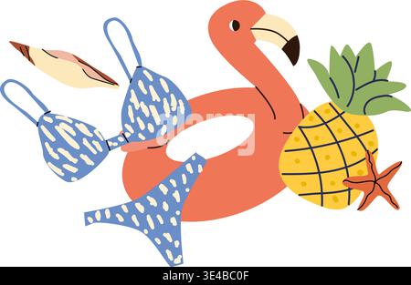 Summer vacation beach composition isolated on white. Flamingo inflatable ring, bikini, pineapple and seashell illustration. Summer time concept with t Stock Vector