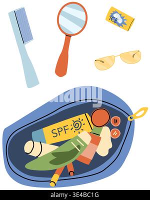 Cartoon accessories for skin and hair care and makeup in holder. Aloe plant cream, cotton, lip balm, cosmetic eye or lip pencils top view, hair comb, Stock Vector