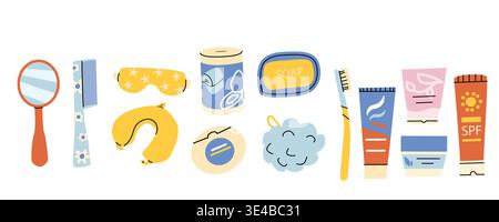 Hygiene essential kit. Sleeping items, hygiene, cosmetic, bath elements, dental floss, toilet paper set. Cartoon flat illustration isolated on white. Stock Vector