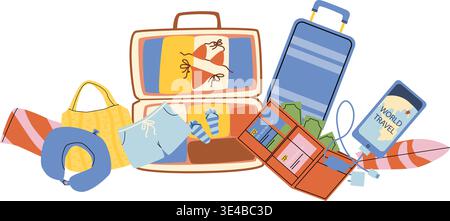 Open suitcase and clothes, money purse and smartphone with surfboard, sleeping pills and beach bag. Travel tourism essentials concept illustration in Stock Vector