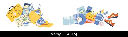 Summer travel essentials compositions set. Collection of travel items - first aid lit, trip planer dairy, bikini, beach bag. Sleeping pillow, passport Stock Vector