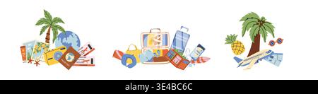 Travel airplane essentials compositions set. Mediterranean lemons, documents, open luggages, surfboards, and tropical airplane items. Travel plane pac Stock Vector