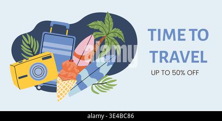 Time to Travel banner with camera, luggage and ice cream, surfboards. Summer Vacation Travel concept background with discount. Promotion ads. Stock Vector