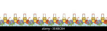 Travel elements seamless border pattern. Suitcases, map, backpack, planet. Tourism flat vector illustration. Isolated on white background. Stock Vector