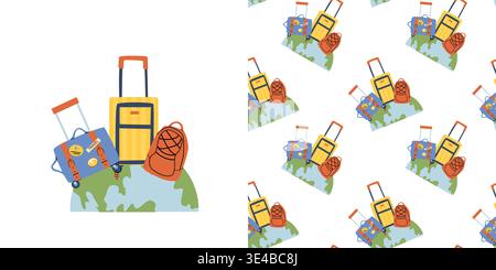 Travel suitcases on globe concept illustration with pattern. Seamless texture with travel luggage elements and planet world. Stock Vector