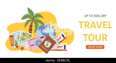 Travel tour to Mediteranean countries background with tourism elements. Cartoon flat illustration with travel essentials passport, tickets, photos and Stock Vector