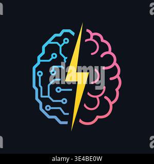 Artificial intelligence vs human brain concept vector illustration. Split brain design with digital circuit side and human organic side divided by lig Stock Vector