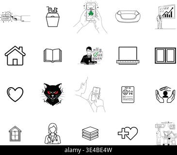 A collection of 20 small black and white icons on a white background Stock Vector