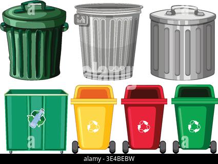 Flat vector illustration of colorful recycling and trash bins arranged in two organized rows. Stock Vector