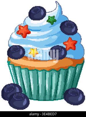 A vector illustration of a blueberry cupcake with blue frosting, star sprinkles, and berries Stock Vector