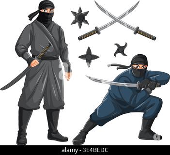 Vector illustration of ninja characters in combat poses with traditional weapons on white background Stock Vector