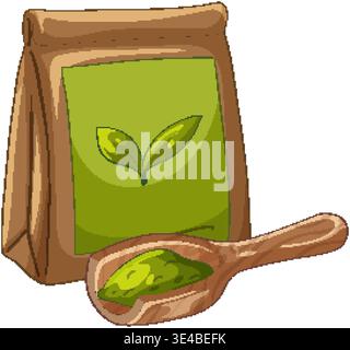 A brown paper bag with green tea leaves label sits beside a wooden scoop Stock Vector