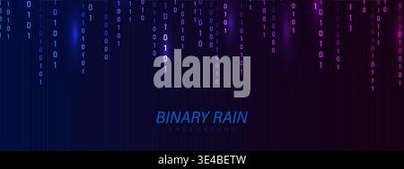 Binary Rain background. Falling numbers and hacker code on computer. Glowing programming symbols on neon backdrop. Vector illustration Stock Vector