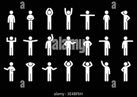 Set of 20 white stick figure icons on black background, each showing a unique human pose or gesture. Ideal for illustrating body language, communicati Stock Vector