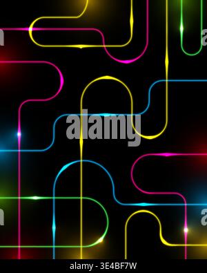 neon abstract background with vibrant glowing paths in pink blue and yellow weaving through a dark digital void for technology and network concepts Stock Vector