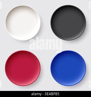 Minimalist ceramic plate set top view in four colors with realistic shadows for product mockup and menu design Stock Vector
