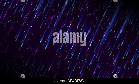 dark futuristic digital background displays glowing neon streaks of blue and purple rain lines scattered with bright light particles, high tech for mo Stock Vector