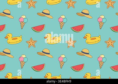 Seamless doodle summer beach elements pattern background design. Stock Vector