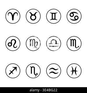 Black zodiac symbols arranged neatly against a white background. Simple clean design, perfect for modern digital projects. Each sign clearly visible w Stock Vector