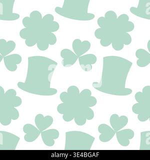 Leprechaun hats and clover leaves Seamless Pattern in monochrome green St Patrick Day Flat Backdrop. Isolated Vector illustration Wrapping or wallpaper backdrop Greeting Thematic Card Media post, blog Stock Vector
