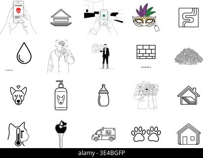 A collection of 20 black and white icons on a white background Stock Vector