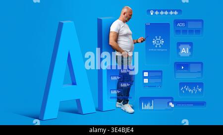 Man interacts with artificial intelligence on a digital device near large blue AI letters Stock Photo