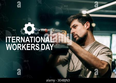 Celebrating International Workers Day on May 1 with workers and tools in action Stock Photo
