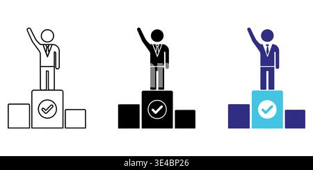 A set of three icons representing a successful business person standing on a winner podium stage Stock Vector
