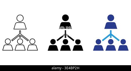 Three variations of a hierarchical organization chart showing a leader with three subordinates Stock Vector