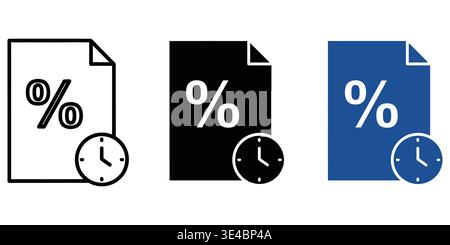 Set of three document icons featuring a percentage symbol and a small clock for time sensitive data Stock Vector