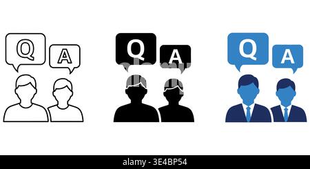 A set of three question and answer icons featuring stylized silhouettes of people talking together Stock Vector