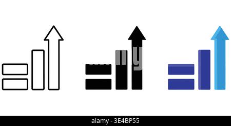 Three variations of a graphical bar chart icon showing upward growth with a prominent rising arrow Stock Vector