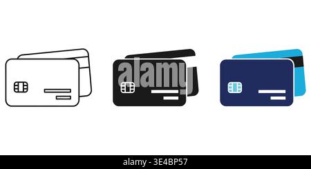 Set of three credit card icons featuring line art silhouette and colorful flat design variations Stock Vector