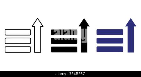 Three variations of a graphical icon depicting a horizontal list of bars with an upward arrow next Stock Vector