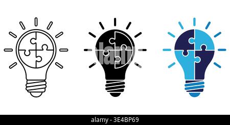 Three variations of a light bulb icon featuring a four piece puzzle design for creative problem Stock Vector