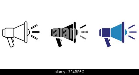 A set of three stylized megaphone icons representing communication and announcement in various styles Stock Vector